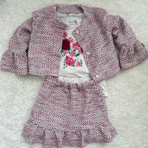Janie and Jack Pink and White Tweed Jacket and Skirt and rose long sleeshirt Set